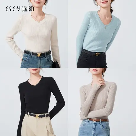 逸阳黑色圆领抽条羊毛针织衫女2023秋新款修身显瘦毛衣上衣3436图片