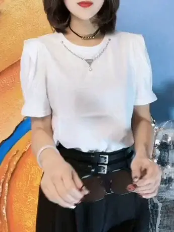 短袖T恤女设计感项链褶皱泡泡袖新款洋气小衫纯色百搭上衣ins潮款商品大图
