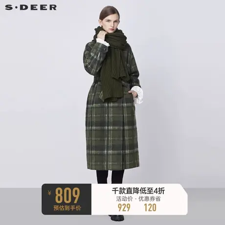 sdeer圣迪奥冬高领格纹收腰围巾两件套毛呢大衣S21481807图片
