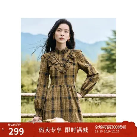 田园复古格子连衣裙2023秋女装新款设计感花边木耳边领中长裙商品大图