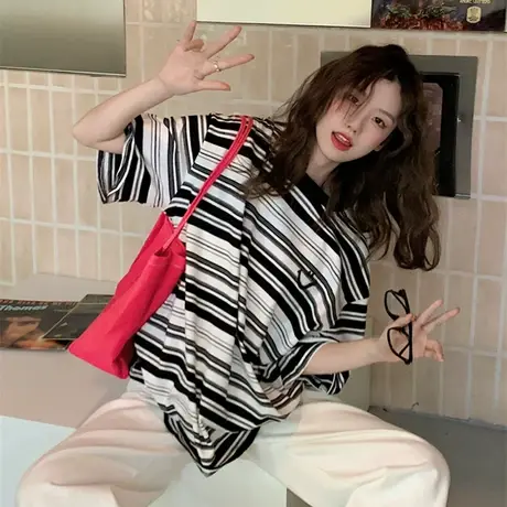短袖t恤女夏季美式复古条纹设计感小众刺绣笑脸宽松百搭半袖上衣商品大图