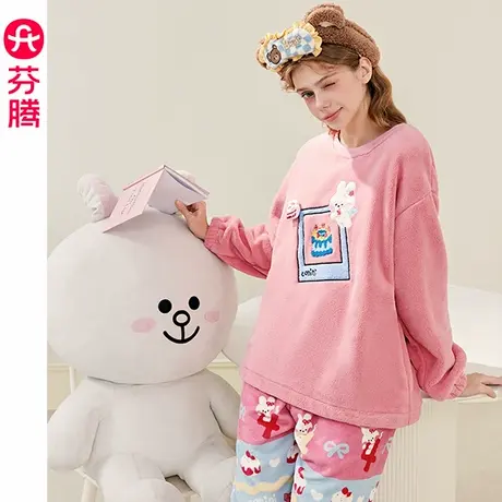 芬腾珊瑚绒女士睡衣秋冬加绒加厚保暖布朗熊套装法兰绒大码家居服商品大图