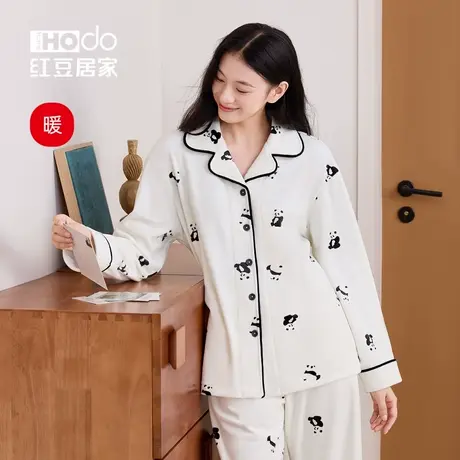 红豆女士海岛绒睡衣熊猫印花抗静电冬季家居服厚保暖套装秋可外穿商品大图