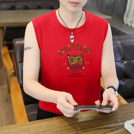 夏季丝光棉背心男休闲冰丝凉感坎肩无袖T恤时尚运动健身虎头上衣图片