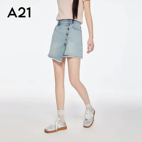 A21女装天蓝不规则高腰半身裙2025夏季新款简约毛边水洗A字短裙图片