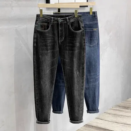 2023春秋冬季黑色韩版潮流修身男士牛仔裤潮牌刺绣小脚休闲长裤子图片