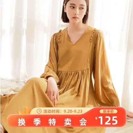 桔熊春秋季文艺范V领长袖收腰宽松遮肉连衣裙子女装大码DA9423图片