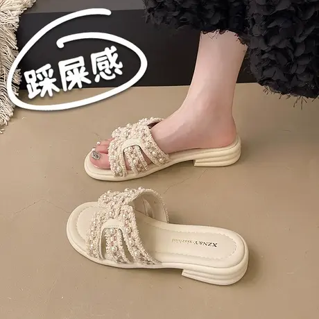 绝美配裙子一字拖鞋女夏外穿2025新款网红编织平底凉拖鞋法式凉鞋商品大图