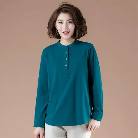 春季加肥加大码女装宽松全棉长袖T恤中年妈妈显瘦体恤纯色打底衫商品大图
