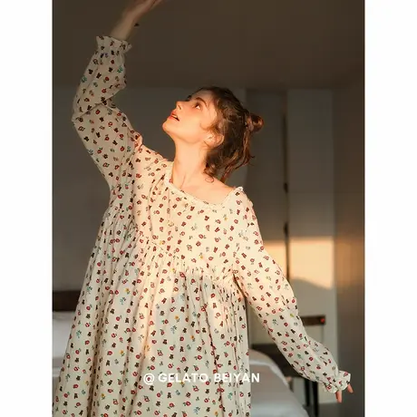 贝妍新款睡衣女士春秋季柔软棉长袖睡裙甜美宽松大码小碎花连衣裙商品大图