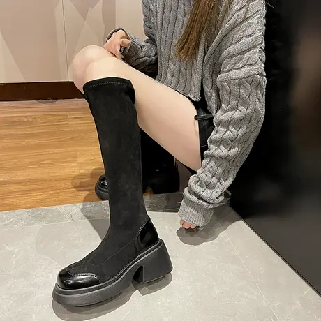 法式厚底长筒靴女2025新款秋季小个子显瘦增高靴子气质百搭骑士靴商品大图