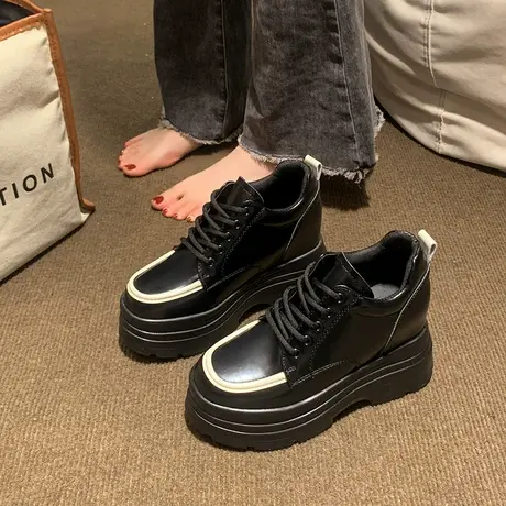 永希英伦风小皮鞋女2023年春季新款松糕厚底单鞋女皮面防水高帮鞋商品大图