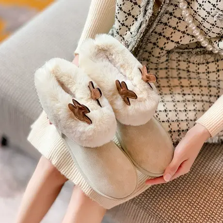 皮毛一体雪地靴女2023年新款鹿角可爱一脚蹬冬加绒加厚保暖棉鞋子图片