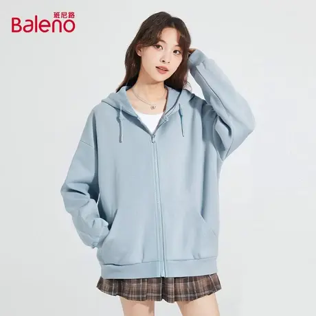 班尼路雾霾蓝牛奶丝卫衣女2025春季新款宽松遮肉连帽拉链外套女Q图片