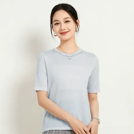 Q早秋新款短袖羊毛衫女圆领纯色针织衫时尚修身套头坑条上衣图片