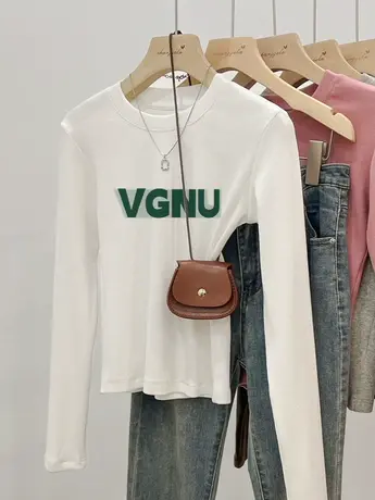 美式复古正肩长袖t恤女春秋季2023新款百搭休闲内搭打底衫上衣服商品大图