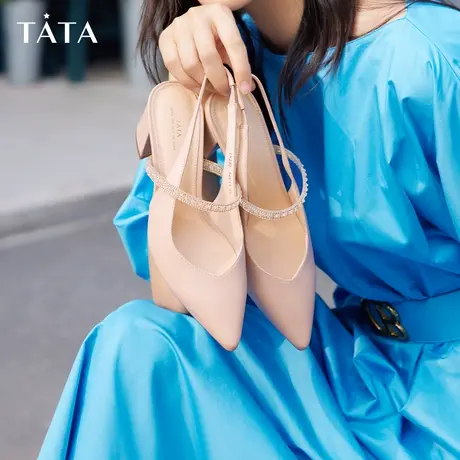 Tata他她一字带高跟鞋包头粗跟凉鞋女复古单鞋2023夏新款7RZ02BH2图片