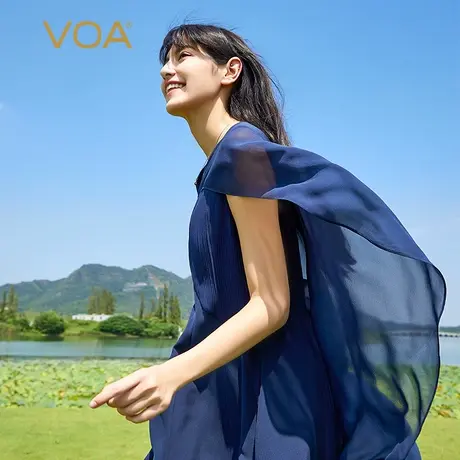 VOA重磅真丝40姆米V领不对称披肩式设计塔克褶装饰假两件连衣裙女图片