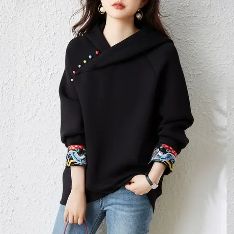 卫衣女秋冬新款宽松加大码女装中年妈妈休闲减龄百搭显瘦黑色上衣商品大图