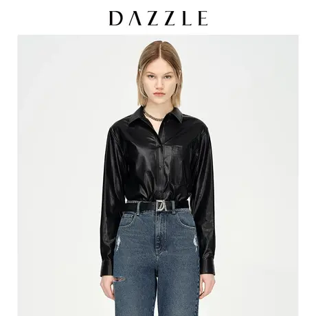 【昕怡粉丝专享】DAZZLE地素奥莱 黑色时髦仿皮pu皮长袖衬衫女商品大图