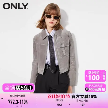 【买4免1】【上新】ONLY奥莱时尚通勤金属纽扣明线设计皮衣外套女商品大图