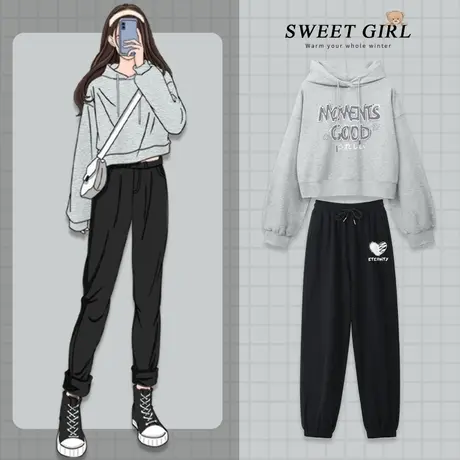 VR真维斯灰色休闲运动套装女春秋2023新款短款连帽卫衣卫裤2件套图片