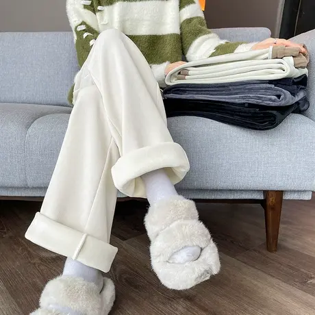 欧棉绒加绒加厚窄版阔腿裤女秋冬2023新款雪尼尔高腰休闲直筒裤子商品大图