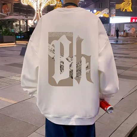 加绒加厚圆领卫衣男秋冬季新款机械字母无帽上衣ins潮流长袖外套商品大图