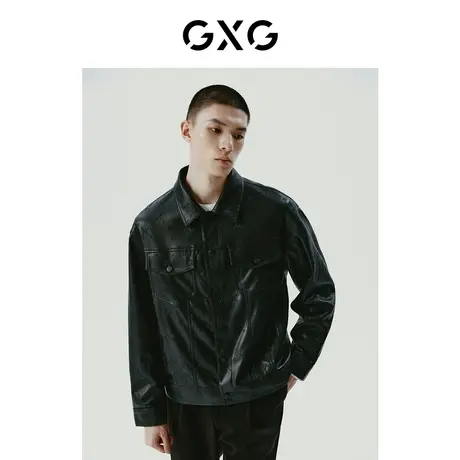GXG男装 黑色简约时尚翻领皮衣夹克外套男士 23年冬季新品商品大图