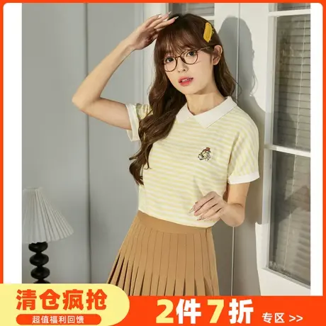 唐狮2022春夏新款针织衫女Polo短袖条纹刺绣学院风潮流宽松打底DY商品大图