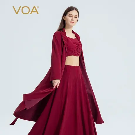 VOA重磅真丝41姆米无界条纹酒红腰带塔克褶翻领设计加厚风衣春秋图片