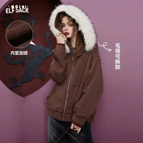 妖精的口袋美式连帽加绒卫衣女2023冬季新款宽松可拆卸毛领上衣图片