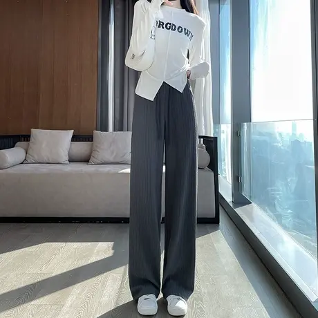 灰色针织阔腿裤女春秋2024年新款宽松显瘦高腰垂感直筒休闲拖地裤商品大图