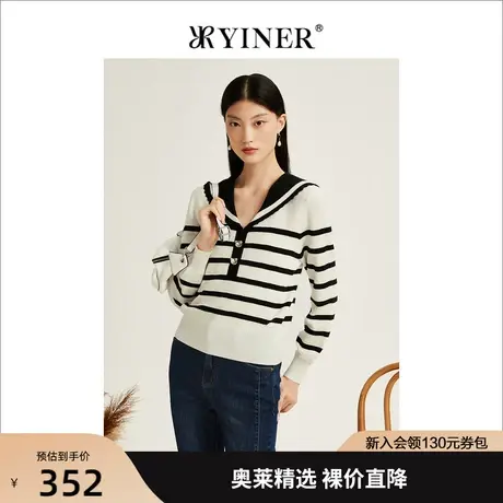 YINER音儿女装2022秋季新款海军领长袖条纹针织衫商品大图