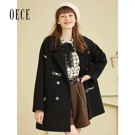Oece冬新款女减龄复古蝴蝶结毛呢大衣中长款呢子外套商品大图