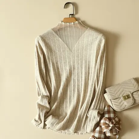 秋冬2022新款蕾丝半高领针织衫女士百搭修身毛衣打底长袖显瘦上衣商品大图