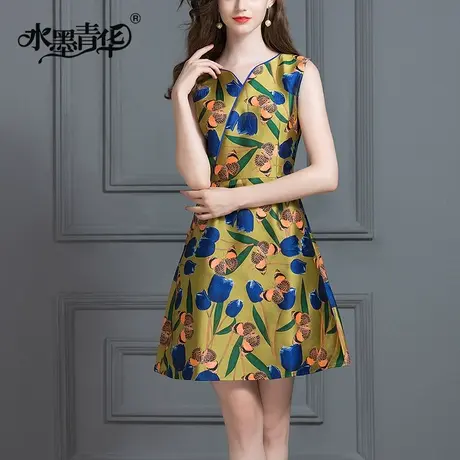 【1件7.9折】冬装新品提花无袖背心A摆裙优雅修身印花连衣裙图片