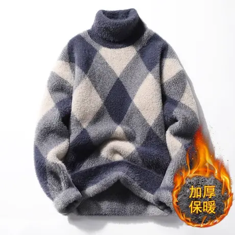 高领毛衣男士潮流仿水貂绒秋冬季加厚修身学生针织打底衫格子外套商品大图