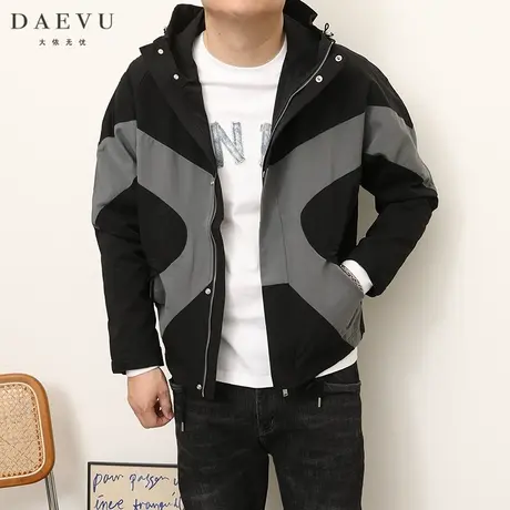 DAEVU春秋新款拼接大号潮胖子加肥加大码男士短款连帽夹克外套商品大图
