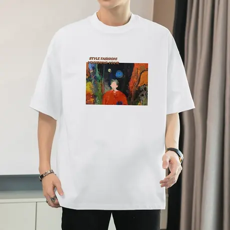 250g重磅纯棉白色t恤男短袖夏季潮流全棉半袖宽松圆领上衣服体恤商品大图