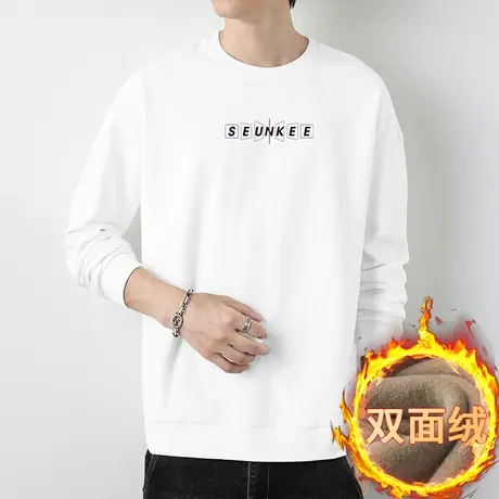圆领卫衣男宽松潮流百搭字母印花无帽秋冬保暖双面绒白色长袖t恤图片