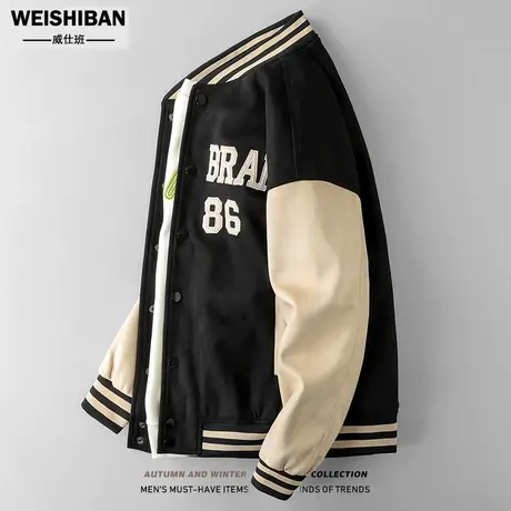 春秋季个性拼接撞色棒球领宽松夹克男士美式青年麂皮绒飞行员外套商品大图