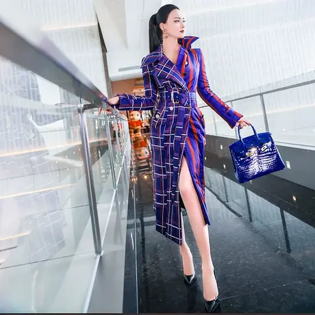 VJE秋冬翻领不规则撞色棉大衣中长款新款时尚格纹棉服外套商品大图