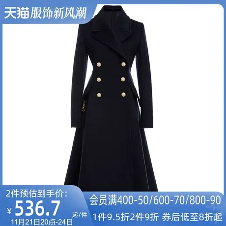 AUI黑色英伦风中长款毛呢外套女2024冬新款职业西装羊毛呢子大衣图片