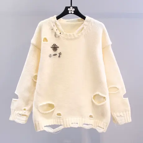 复古重工破洞毛衣女秋冬2023新款宽松慵懒风设计感洋气针织衫上衣商品大图