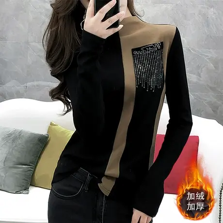 半高领加厚加绒打底衫女秋冬时尚撞色T恤女长袖设计感洋气上衣潮商品大图