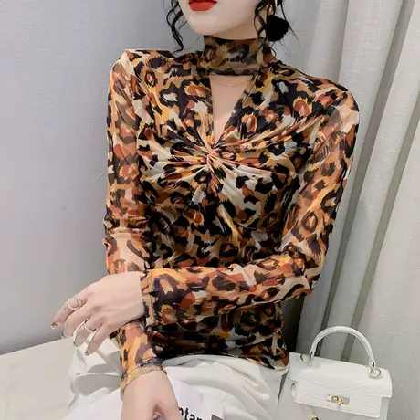 性感镂空网纱打底衫女秋冬气质半高领上衣设计感扭结豹纹T恤长袖图片