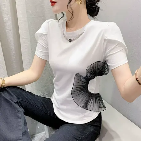 设计感荷叶边T恤女短袖2024夏季新款洋气泡泡袖上衣别致修身小衫图片
