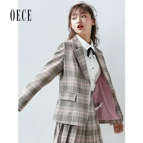 Oece春装校园桃气粉格纹复古英伦翻领减龄西装外套商品大图