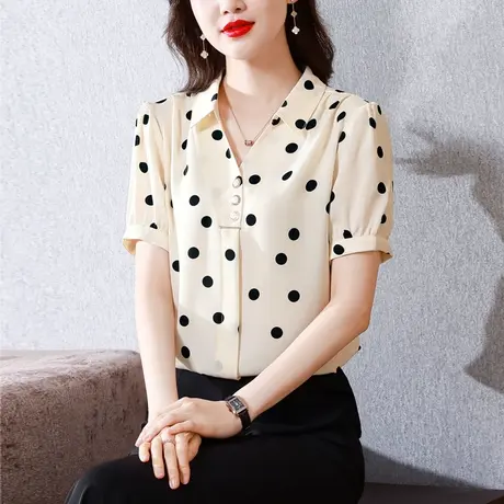 2023夏季新款波点雪纺衬衫女印花时尚气质年轻妈妈夏装短袖女上衣商品大图